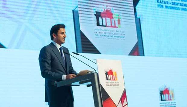His Highness the Amir Sheikh Tamim bin Hamad al-Thani delivers a speech at the 9th Qatar-Germany Business and Investment Forum in Berlin on Friday.