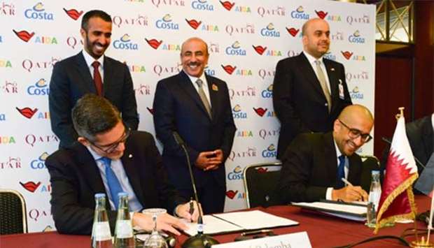 HE the Minister of Transport and Communications Jassim Seif Ahmed al-Sulaiti witnesses the agreement signing with Costa Cruises and Aida Cruises during a press conference held on Friday on the sidelines of the Qatar-Germany Business and Investment Forum in Berlin.