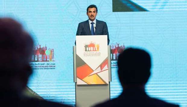 His Highness the Amir Sheikh Tamim bin Hamad al-Thani addressing the opening of the Qatar-Germany Business and Investment Forum in Berlin on Friday.