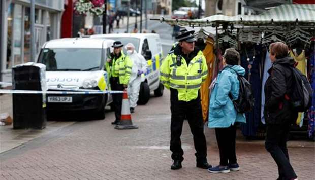 Police secure an area of the town centre after reports of a stabbing in Barnsley, Britain, on Saturday.