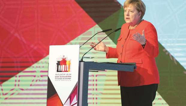 German Chancellor Angela Merkel addressing the Qatar-Germany Business and Investment Forum in Berlin yesterday.