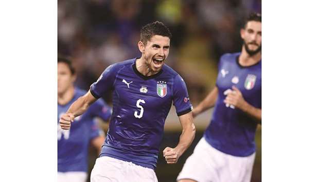 Italyu2019s midfielder Jorginho celebrates after scoring against Poland in the UEFA Nations League at Renato Dallu2019Ara Stadium in Bologna, Italy on Friday. (AFP)