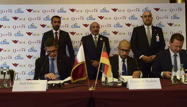 HE the Minister of Transport and Communications Jassim Seif Ahmed al-Sulaiti with senior officials of QTA, German Aida and Italian Costa Cruises at the recent agreement signing.