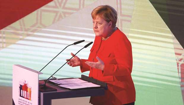 German Chancellor Angela Merkel addressing the Qatar-Germany Business and Investment Forum on Friday.