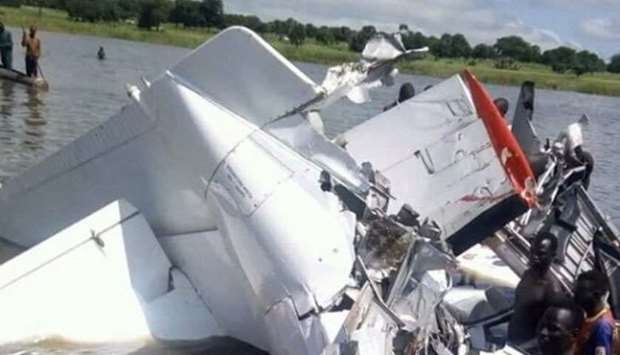 The crashed plane is seen in Lakes State, South Sudan, in this picture obtained from social media.