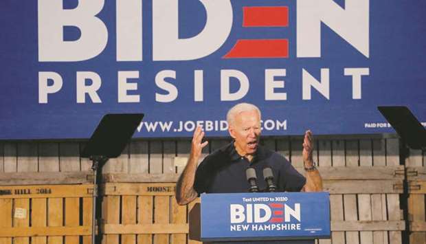 Democratic 2020 US presidential candidate Joe Biden speaks at a campaign rally in New Hampshire. Democratic presidential candidates are struggling to articulate their own get-tough positions.