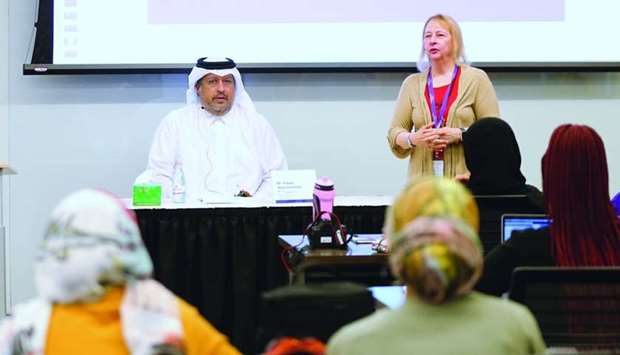 Gulf Times editor-in-chief Faisal Abdulhameed al-Mudahka speaking to journalism students at NU-Q Tuesday as NU-Qu2019s Journalism and Strategic Communication Programme director Mary Dedinsky looks on. PICTURE: Ram Chand.