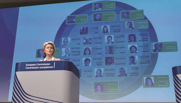 The European Commission President Ursula von der Leyen gives a press conference to announce the names of the new European commissioners yesterday in Brussels. The EU named its new policy team responsible for navigating a raft of threats from US protectionism and tech monopolies to homegrown populists and sluggish growth.