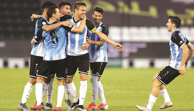 Al Wakrah captain Bruno Uvini (third right) celebrates with teammates during the 2-0 win over Qatar SC in the QNB Stars League.