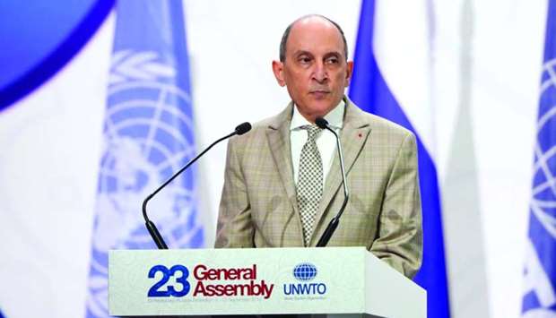 HE Akbar al-Baker speaking at the 23rd UNWTO General Assembly in St Petersburg.