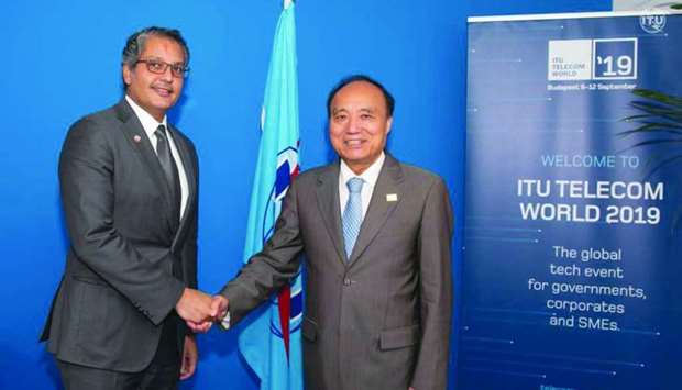 CRA president Mohamed Ali al-Mannai shaking hands with ITU secretary general Houlin Zhao on the sidelines of the ITU Telecom World 2019 in Budapest, Hungary.
