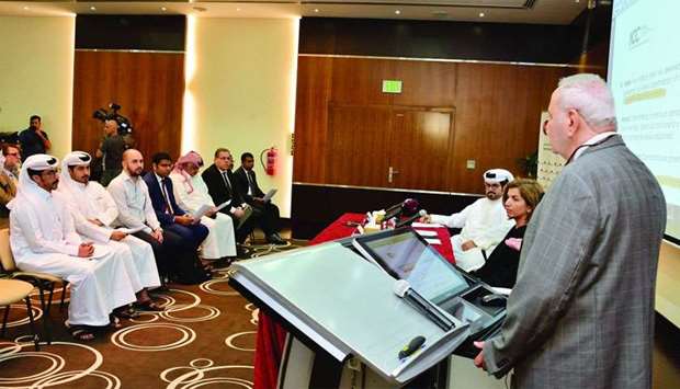 ICC Qatar Banking Commission vice chairman Ghassan Azar delivers a presentation during a seminar on the Demand Guarantee Letter, which was organised by ICC Qatar in Doha