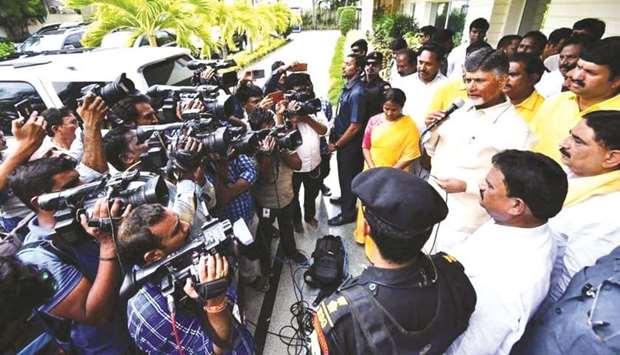 Former Andhra Pradesh chief minister N Chandrababu Naidu talks to press after he was placed under house arrest in Amaravati yesterday.