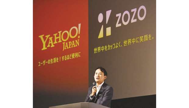 Yahoo Japan CEO Kentaro Kawabe speaks during a news conference on their takeover of Japanu2019s online fashion retailer Zozo Inc in Tokyo. The Japanese IT giant, a subsidiary of telecoms giant and investor SoftBank Group, aims to buy up to 152.95mn shares or a 50.1% stake in Zozo.