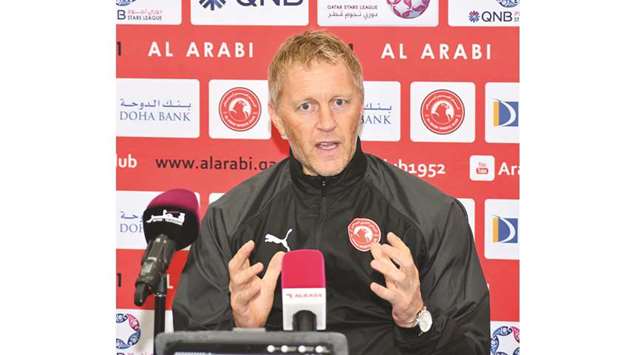 Al Arabi coach Heimir Hallgrimsson address a press conference on the eve of their QNB Stars League match. PICTURES: Ramchand