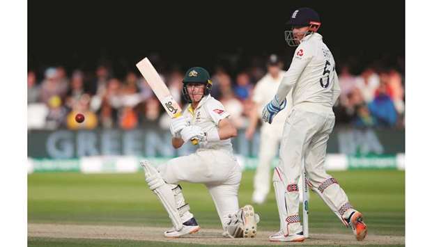 In this August 18, 2019, picture, Australiau2019s Marnus Labuschagne (left) is in action against England in the second Ashes Test in London. (Reuters)