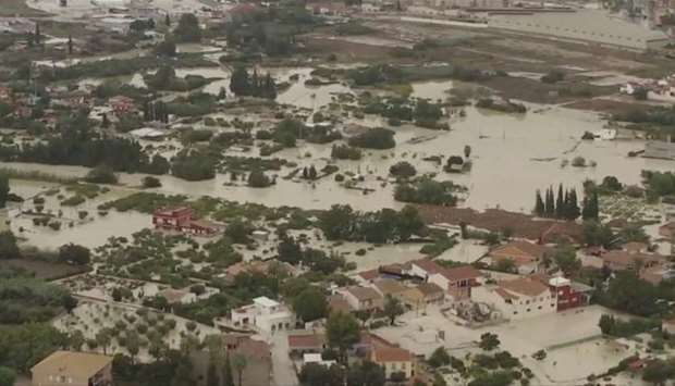 A still image taken from a drone footage shows a flooded area after heavy rainfall in Lorqui, Spain