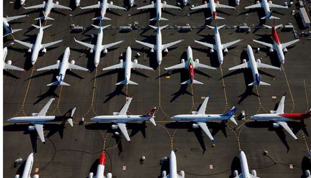 Grounded Boeing 737 MAX aircraft are seen parked in an aerial photo at Boeing Field in Seattle, Washington, July 1, 2019