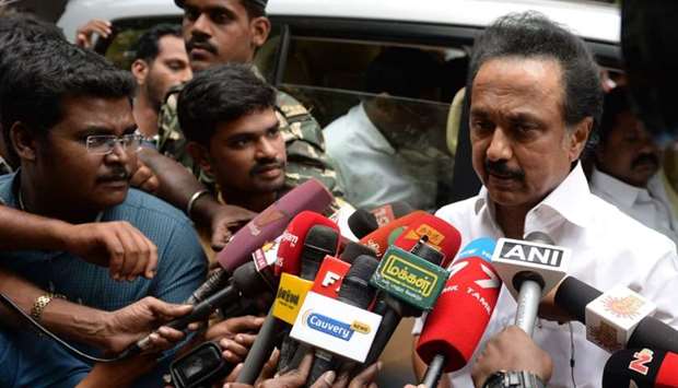 In this file photo taken on December 21, 2017, Indian Dravida Munnettra Kazhagam (DMK) party working President MK Stalin talks to media at the home of party leader Karunanidhi in Chennai