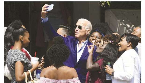 Biden takes a u2018we-fieu2019 during his visit to the Texas Southern University Student Life Centre in Houston.