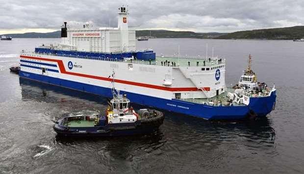 Russian nuclear agency ROSATOM shows the floating power unit (FPU) Akademik Lomonosov being towed from the Arctic port of Murmansk, northwestern Russia
