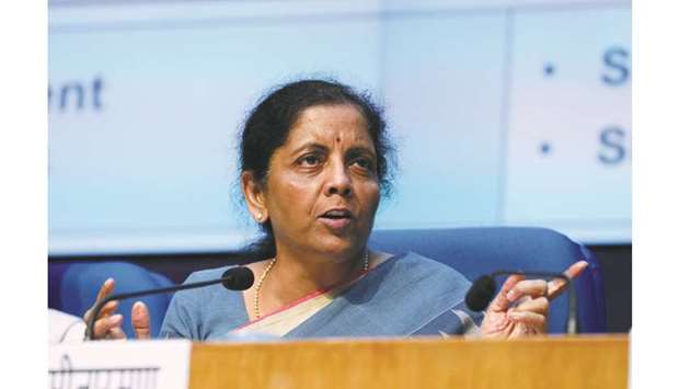 Nirmala Sitharaman, Indiau2019s finance minister, speaks during a news conference in New Delhi (file). A programme to refund taxes and levies for export promotion will be effective January 1 and involves forgoing Rs500bn ($7bn) in revenue, Sitharaman told reporters in New Delhi yesterday.