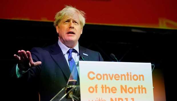 Britain's Prime Minister Boris Johnson speaks during the Convention of the North at the Magna Centre in Rotherham, Britain on Friday