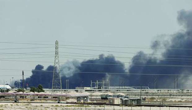 Smoke is seen following a fire at Aramco facility in the eastern city of Abqaiq, Saudi Arabia