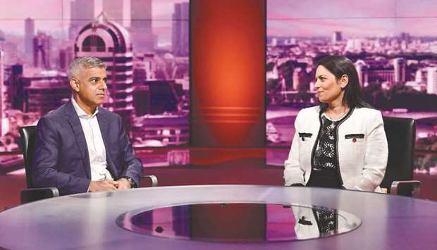 Mayor Sadiq Khan sits with Home Secretary Priti Patel as they appear on the BBC political programme The Andrew Marr Show in London yesterday. Prime Minister Boris Johnson yesterday announced u201chuge progressu201d in reaching an agreement on Brexit between the European Union and the UK.