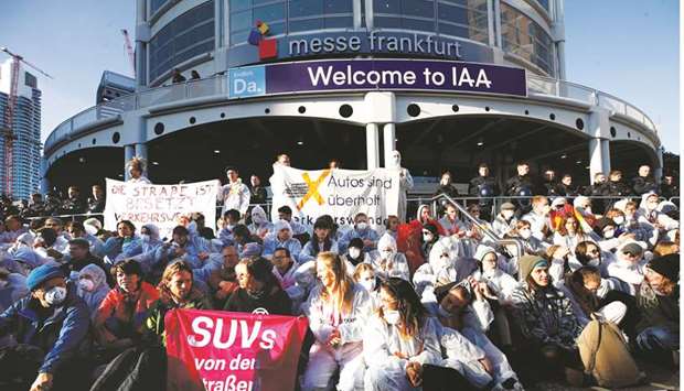 Protesters blocking the entrance to the venue of International Frankfurt Motorshow (IAA).