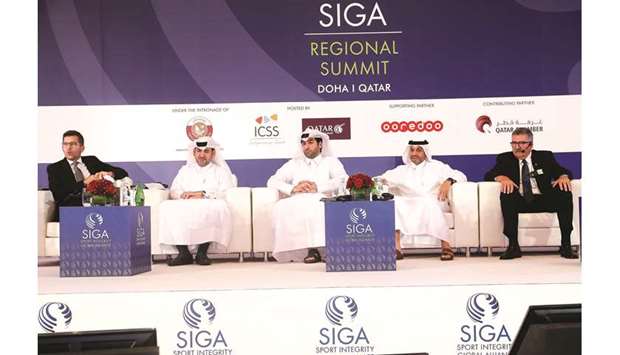 From left: Jassem Mohamed al-Jaber, Education and Studentu2019s Affairs School Principal at Aspire Academy, Salman al-Ansari, vice-president of Qatar Sports Arbitration Foundation (QSAF), Qatar Stars League CEO Hani Taleb Ballan and Rod Buckingham, Director of Security at Canadian Football League, during a panel discussion at the Sport Integrity Global Alliance inter-regional summit yesterday. PICTURE: Jayaram