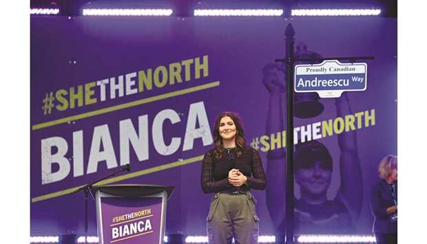 Bianca Andreescu on stage at the u201cShe The Northu201d celebration rally in her honour in Mississauga, Ontario, Canada on Sunday. (Reuters)