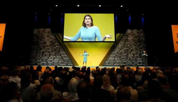 Leader of Britain's Liberal Democrats Jo Swinson delivers her speech at the yearly party conference in Bournemouth