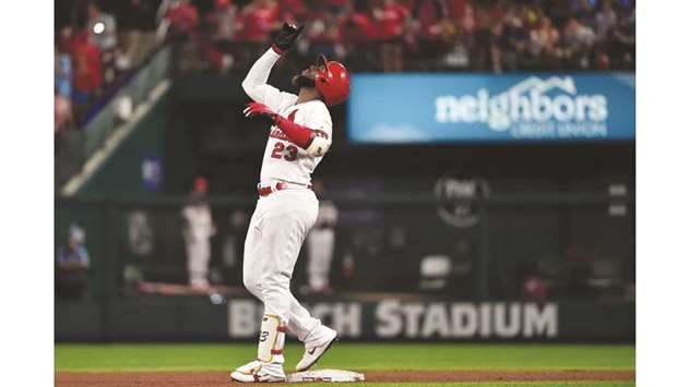 St. Louis Cardinals left fielder Marcell Ozuna celebrates after hitting a game winning two run double against Washington Nationals during the seventh inning at Busch Stadium. PICTURE: USA TODAY Sports