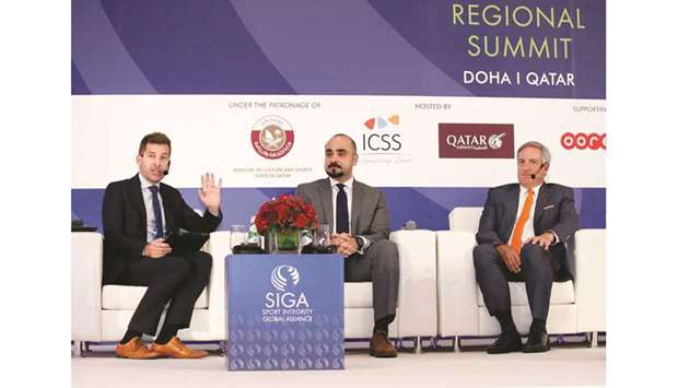 Babar Rahman (left), vice-president marketing and sponsorships of Qatar Airways and Michael Robichaud, senior vice-president global sponsorships at Mastercard at the  Sport Integrity Global Alliance Inter-Regional Sports Integrity Summit in Doha.