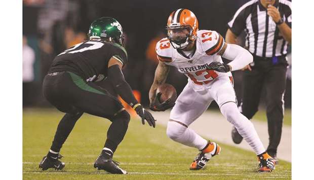 Cleveland Browns wide receiver Odell Beckham Jr (right) runs the ball against New York Jets cornerback Darryl Roberts during the fourth quarter at MetLife Stadium. PICTURE: USA TODAY Sports