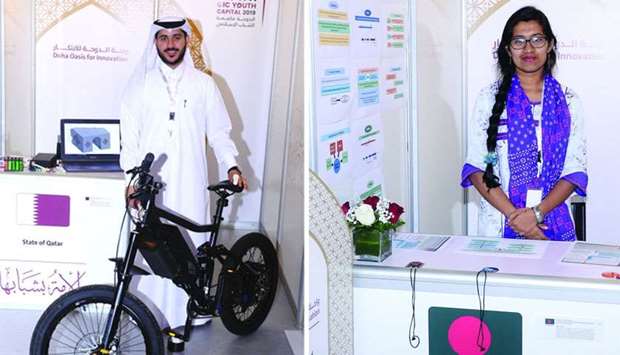 Saleh Mohamed al-Abdullah from Qatar with the advanced bike he developed and Shomotta Sayed from Bangladesh is presenting her innovation to treat type 2 diabetes.