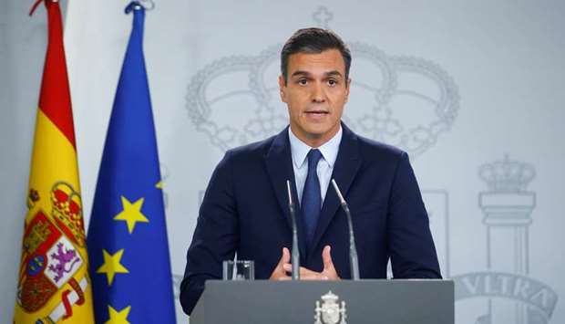 Spainu2019s acting Prime Minister Pedro Sanchez addresses a news conference at the Moncloa Palace in Madrid yesterday after a meeting with King Felipe.