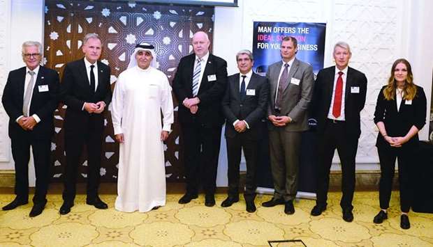German ambassador Hans-Udo Muzel and Sheikh Nawaf bin Nasser al-Thani, chairman NBK & Sons Holding, join the new board of directors of the German Business Council Qatar (GBCQ), which held its Annual General Assembly on Wednesday in Doha. PICTURE: Shemeer Rasheed.