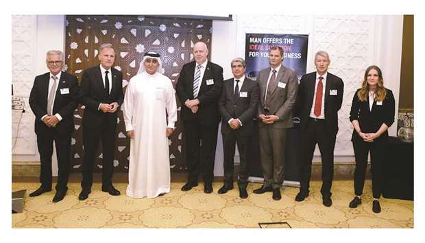 German ambassador Hans-Udo Muzel and Sheikh Nawaf bin Nasser al-Thani, chairman NBK & Sons Holding, join the new board of directors of the German Business Council Qatar (GBCQ), which held its Annual General Assembly yesterday in Doha. PICTURE: Shemeer Rasheed