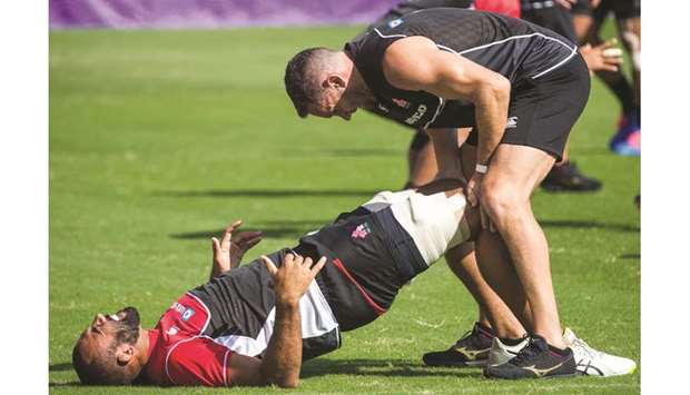 Japanu2019s flanker Michael Leitch (left) during a training session at the Prince Chichibu Memorial Rugby Stadium in Tokyo on Tuesday. (AFP)