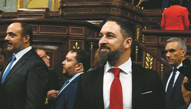 Spanish far-right party Vox leader Santiago Abascal arrives for a parliament plenary session yesterday in Madrid.