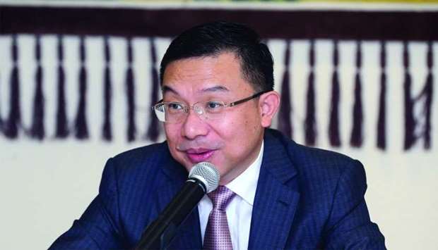 Chinese ambassador Zhou Jian speaking in Doha on Thursday