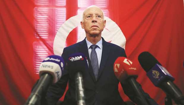 Presidential candidate Kais Saied speaks as he attends a news conference after the announcement of the results in the first round of Tunisiau2019s presidential election in Tunis, on Tuesday.