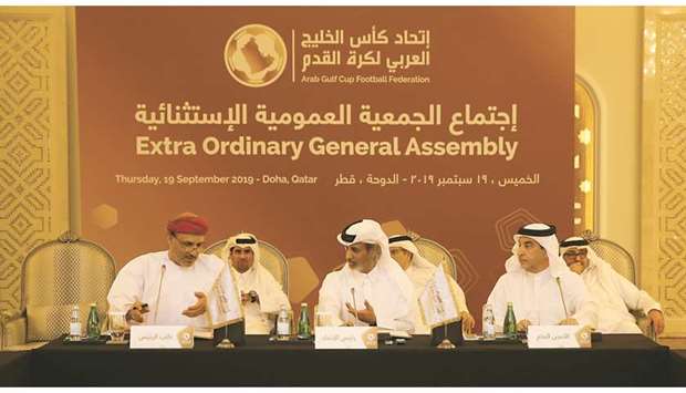 HE Sheikh Hamad bin Khalifa bin Ahmed al-Thani (centre), president of Qatar Football Association and Arab Gulf Cup Football Federation (AGCFF), chaired the extraordinary general assembly meeting of the AGCFF yesterday.