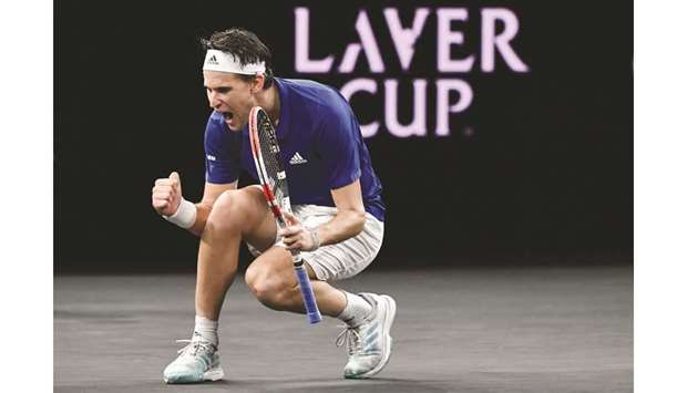Team Europeu2019s Dominic Thiem celebrates his victory over Team Worldu2019s Denis Shapovalov (not pictured) during their match at the 2019 Laver Cup in Geneva, Switzerland, yesterday. (AFP)