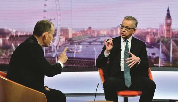 Chancellor of the Duchy of Lancaster Michael Gove appears on BBC TVu2019s The Andrew Marr Show in London yesterday.