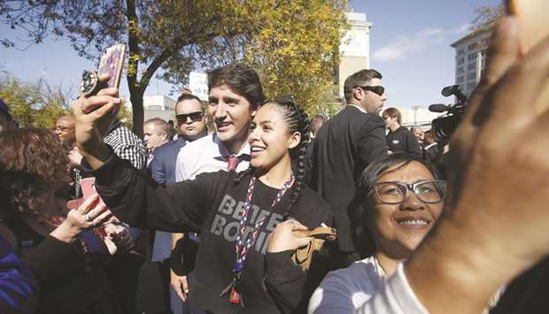 Trudeau with supporters during campaigning in Winnipeg on Thursday.