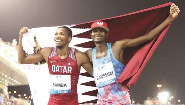 Qataru2019s Abderrahman Samba (left) and Mutaz Essa Barshim will be aiming for gold at the IAAF World Athletics Championships in Doha.