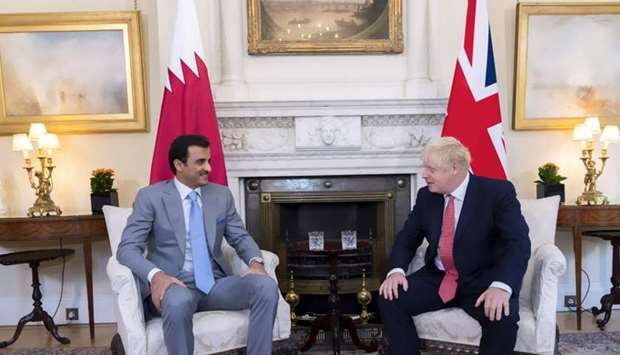 His Highness the Amir Sheikh Tamim bin Hamad al-Thani and British Prime Minister Boris Johnson holding talks at 10 Downing Street in London